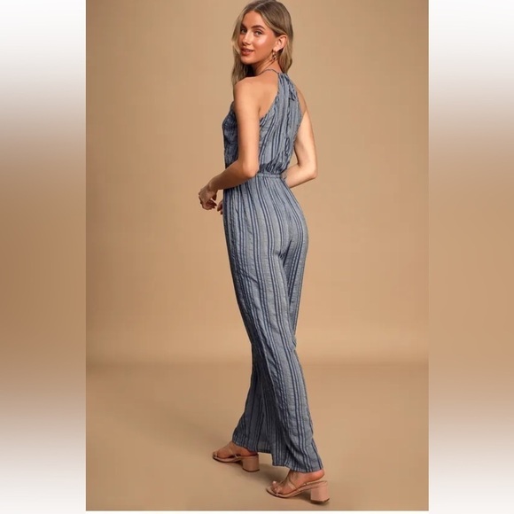 Lulu’s Destination Vacay Blue Striped Halter Wide-Leg Jumpsuit Size Medium - Picture 2 of 10